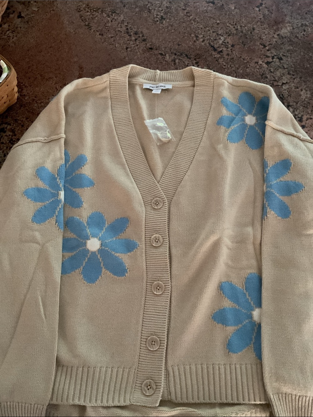 Peace Love World Beige Cardigan with Blue Floral Motif